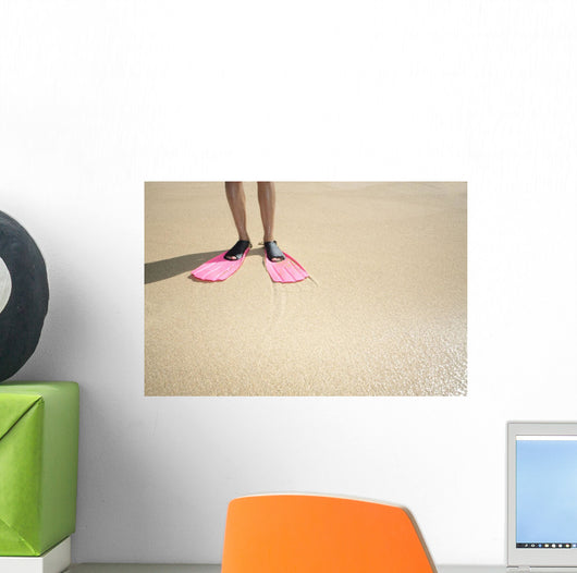 Hawaii, Woman Wearing Pink Snorkel Flippers On Sandy Beach Wall Mural