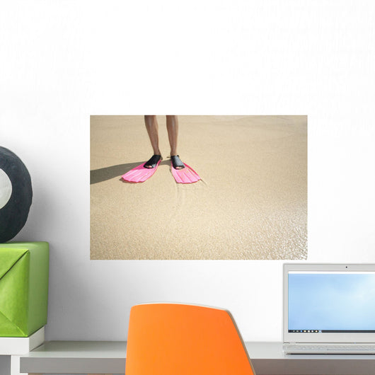 Hawaii, Woman Wearing Pink Snorkel Flippers On Sandy Beach Wall Mural