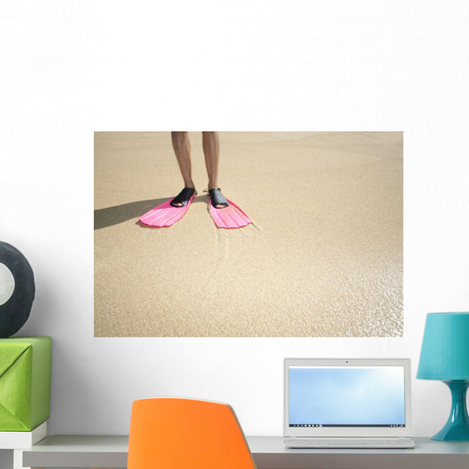 Hawaii, Woman Wearing Pink Snorkel Flippers On Sandy Beach Wall Mural