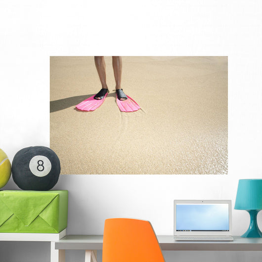 Hawaii, Woman Wearing Pink Snorkel Flippers On Sandy Beach Wall Mural
