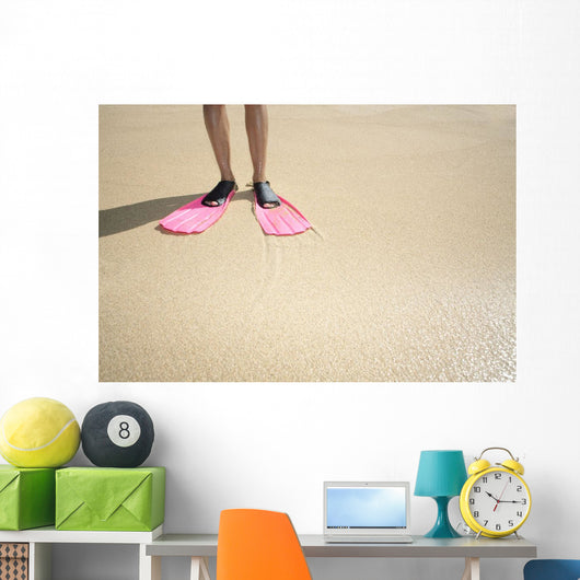 Hawaii, Woman Wearing Pink Snorkel Flippers On Sandy Beach Wall Mural