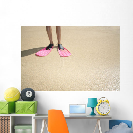 Hawaii, Woman Wearing Pink Snorkel Flippers On Sandy Beach Wall Mural