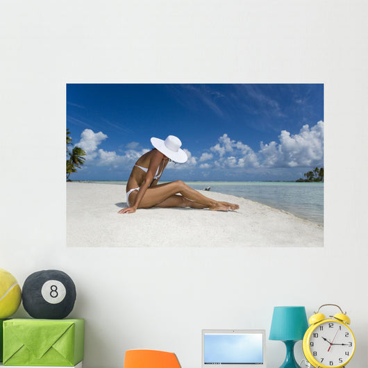 Woman Sitting On White Sand Beach Wall Mural