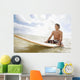 Hawaii, Oahu, Young Man Sitting On His Surfboard At The Shoreline Wall Mural