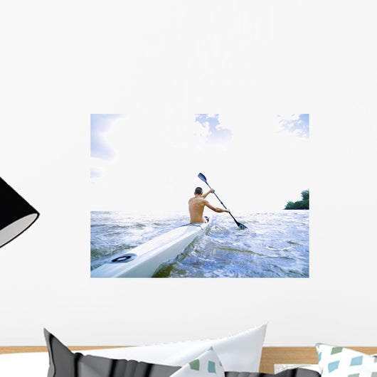 Hawaii, Kauai, Anini Beach, Active Male Paddling In A One Man Canoe Wall Mural