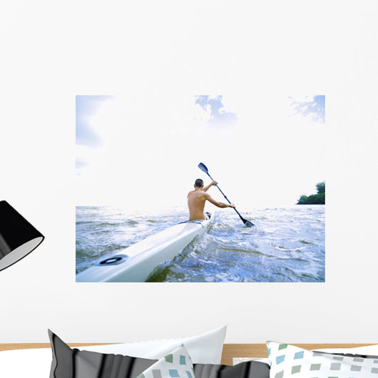Hawaii, Kauai, Anini Beach, Active Male Paddling In A One Man Canoe Wall Mural