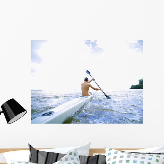 Hawaii, Kauai, Anini Beach, Active Male Paddling In A One Man Canoe Wall Mural