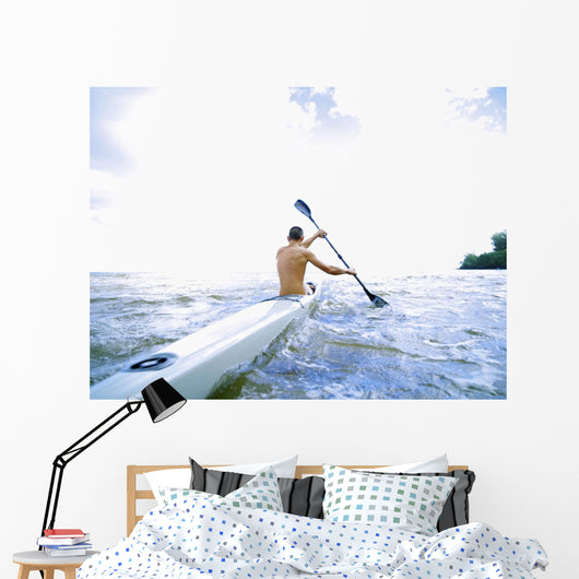 Hawaii, Kauai, Anini Beach, Active Male Paddling In A One Man Canoe Wall Mural