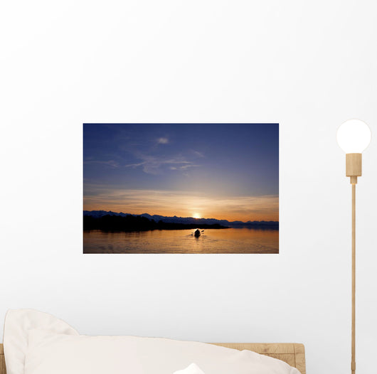 Sunset, Kayaking Through Beautiful Mountain Ranges Wall Mural
