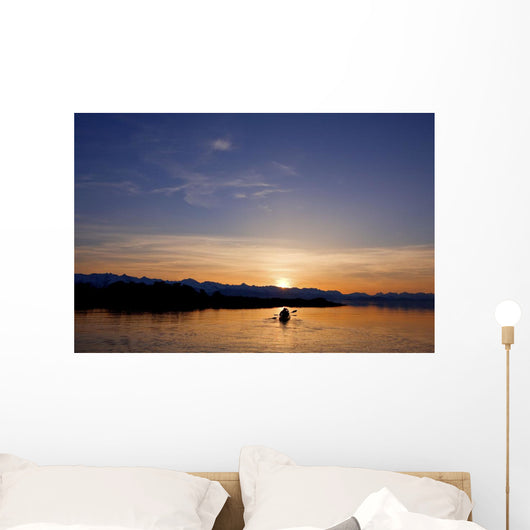 Sunset, Kayaking Through Beautiful Mountain Ranges Wall Mural