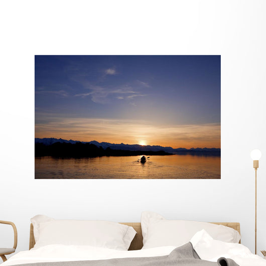 Sunset, Kayaking Through Beautiful Mountain Ranges Wall Mural