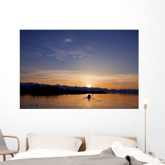 Sunset, Kayaking Through Beautiful Mountain Ranges Wall Mural