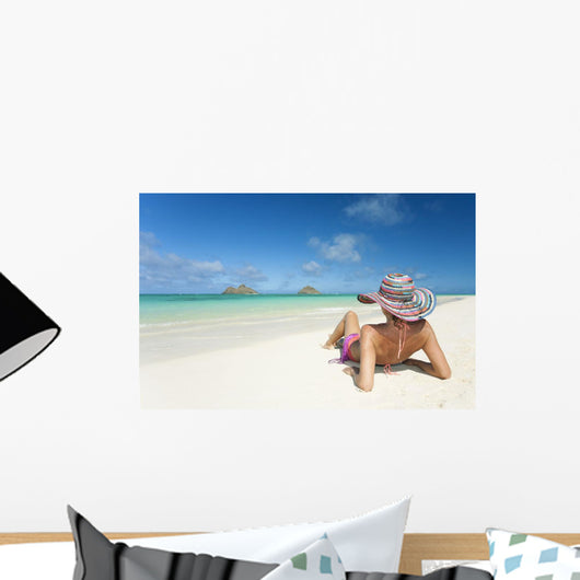 Hawaii, Oahu, Lanikai Beach, Woman Relaxing Along Sandy Shore Wall Mural