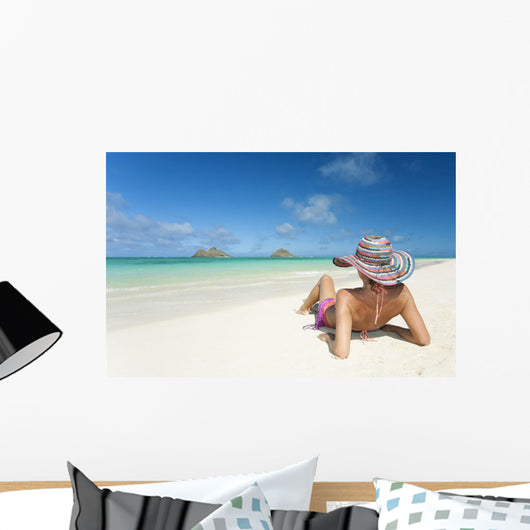 Hawaii, Oahu, Lanikai Beach, Woman Relaxing Along Sandy Shore Wall Mural