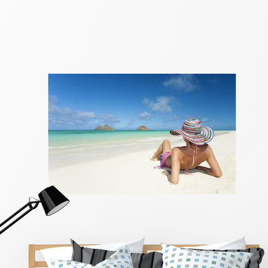 Hawaii, Oahu, Lanikai Beach, Woman Relaxing Along Sandy Shore Wall Mural