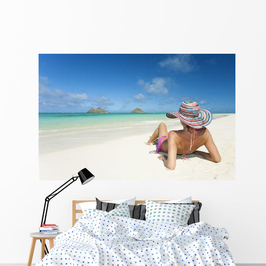 Hawaii, Oahu, Lanikai Beach, Woman Relaxing Along Sandy Shore Wall Mural
