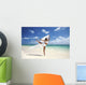 Beautiful Female Ballet Dancer On Beach With White Flowing Fabric Wall Mural