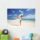 Beautiful Female Ballet Dancer On Beach With White Flowing Fabric Wall Mural