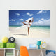 Beautiful Female Ballet Dancer On Beach With White Flowing Fabric Wall Mural