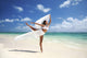 Beautiful Female Ballet Dancer On Beach With White Flowing Fabric Wall Mural