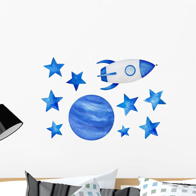 Blue Stars Cosmic Spaceship Wall Decal Sticker Set shown on a wall