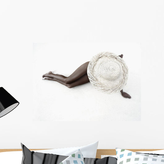 Hawaii, Woman Lays On The Sand With Straw Wide Brim Hat Wall Decal