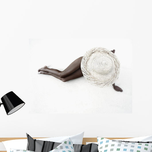 Hawaii, Woman Lays On The Sand With Straw Wide Brim Hat Wall Decal