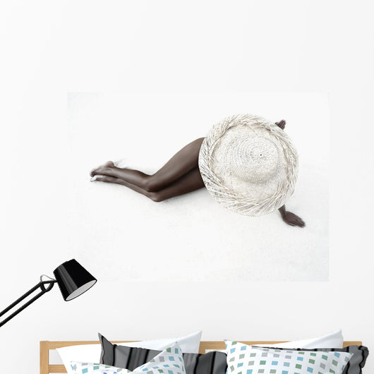 Hawaii, Woman Lays On The Sand With Straw Wide Brim Hat Wall Decal