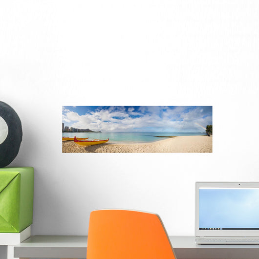 Outrigger Canoes On The Beach With A Rainbow And Diamond Head Wall Mural