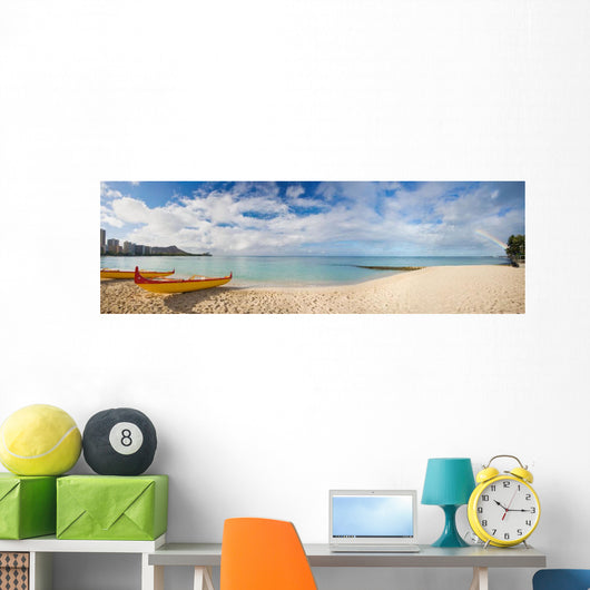 Outrigger Canoes On The Beach With A Rainbow And Diamond Head Wall Mural