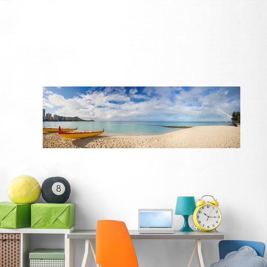 Outrigger Canoes On The Beach With A Rainbow And Diamond Head Wall Mural