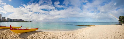 Outrigger Canoes On The Beach With A Rainbow And Diamond Head Wall Mural