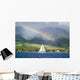 Rainbow In Front Of West Mauis Mountain Range With Sailboat In Ocean Wall Mural