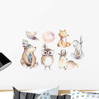 Watercolor Bohemian Baby Animals Wall Decal Sticker Set shown on a wall
