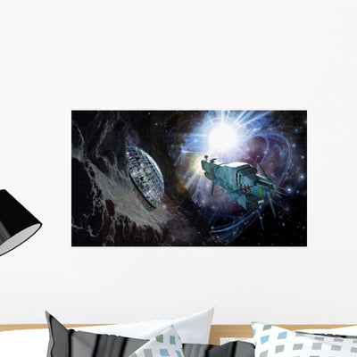 Spaceship and Asteroid shown on a wall