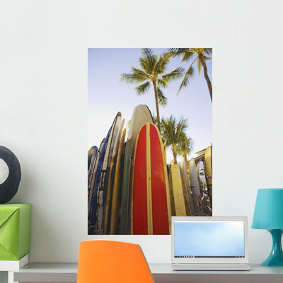 Up Colorful Surfboards Wall Mural shown on a wall