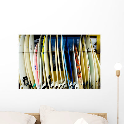 Row Surfboards outside Surfshop Wall Mural shown on a wall