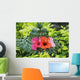 Green Lauhala Hat With Red And Pink Hibiscus Flowers Wall Mural