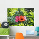 Green Lauhala Hat With Red And Pink Hibiscus Flowers Wall Mural