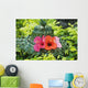 Green Lauhala Hat With Red And Pink Hibiscus Flowers Wall Mural