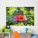 Green Lauhala Hat With Red And Pink Hibiscus Flowers Wall Mural