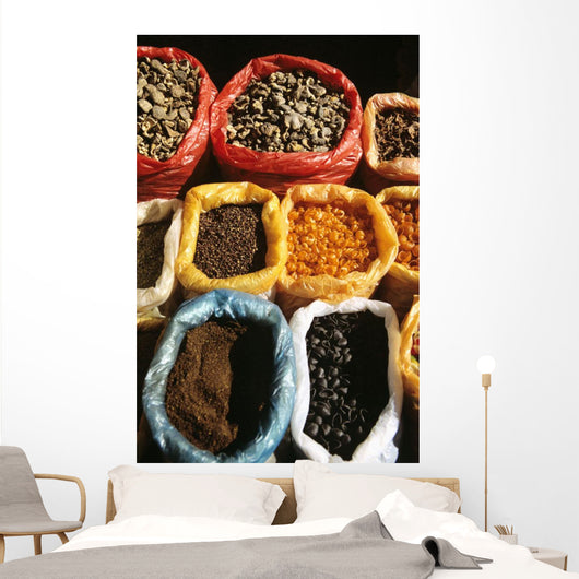 China, Lake Erhai Near Dali, Local Market At Wase, Dried Spices Wall Mural