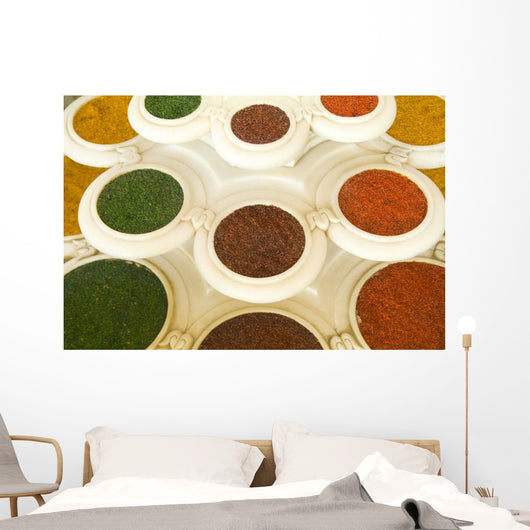 India, Agra, Abstract Colorful Bowls Of Spices In Vases From Above Wall Mural