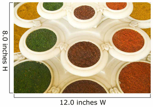 India, Agra, Abstract Colorful Bowls Of Spices In Vases From Above Wall Mural