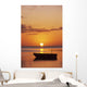 Sun Setting Over Ocean, Boat Silhouetted Against Orange Sky Wall Mural