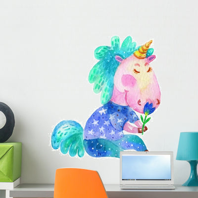 Watercolor Spring Green Unicorn Wall Decal shown on a wall