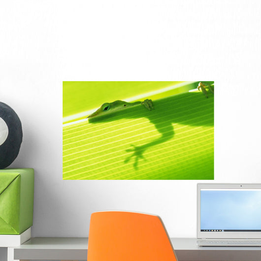 Outline Of A Green Lizard From Under A Leaf Wall Mural