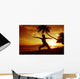 Woman Doing Yoga By The Ocean At Sunset Under Palm Tree Wall Mural