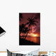 Guam, Tumon Bay, Bright Red Sunset And Silhouetted Palms On Beach Wall Mural