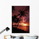 Guam, Tumon Bay, Bright Red Sunset And Silhouetted Palms On Beach Wall Mural
